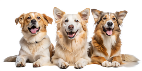 Three happy dogs lying down together, isolated on transparent background, with their tongues out and ears perked, showcasing their friendly and joyful expressions