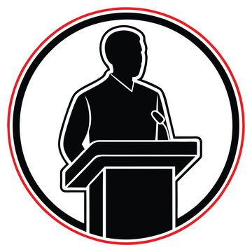 recommend clip art: Man speaking at a podium with a microphone in a circular emblem silhouette