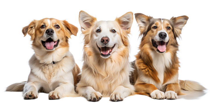 Three happy dogs lying down together, isolated on transparent background, with their tongues out and ears perked, showcasing their friendly and joyful expressions