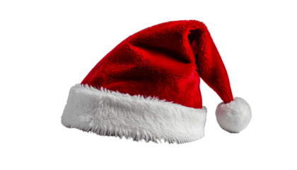 An image of a classic red Santa Claus hat on a clean white background. The hat is made of red felt or velvet with a white fur trim and a white pom pom at the tip. The hat is laid on its side, showing 