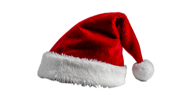 An image of a classic red Santa Claus hat on a clean white background. The hat is made of red felt or velvet with a white fur trim and a white pom pom at the tip. The hat is laid on its side, showing 