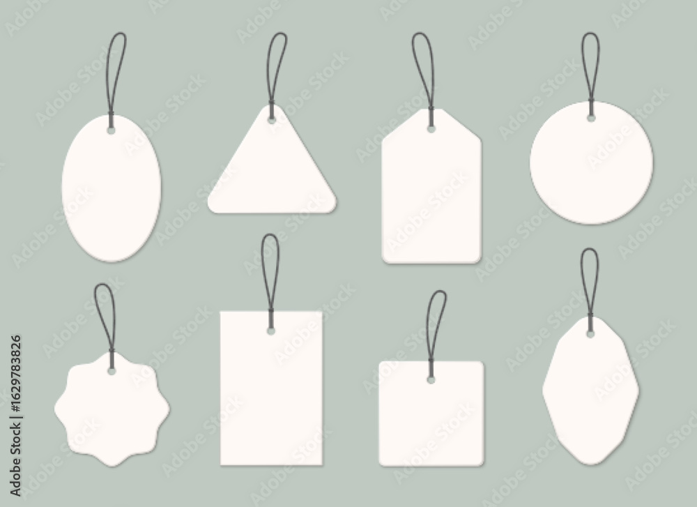 Poster white blank price tag set with black string loops - retail discount labels in various shapes, decora