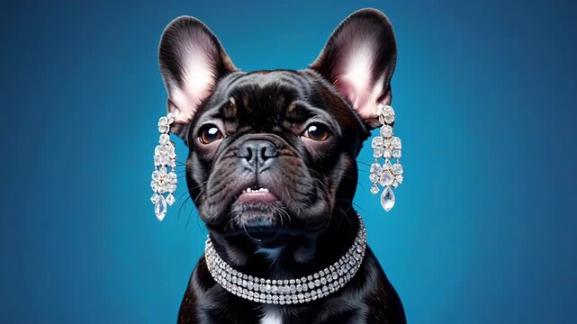Absurd high-fashion portrait of a rich French bulldog diva in expensive diamond jewelry. A humorous and stylish meme-worthy clip about wealth. Representation of maximalist style.