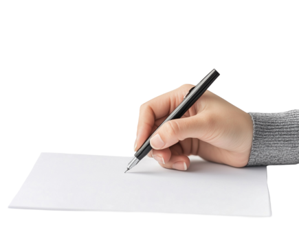 Side view of a man's hand signing a white sheet of paper, isolated on a white background