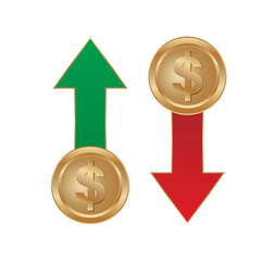 An illustration of golden dollar coins with green up arrows and red down arrows, symbolizing rise and fall in financial value, perfect for economic, banking, or investment-themed visuals.