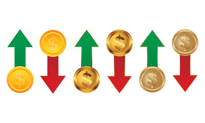 An illustration of golden dollar coins with green up arrows and red down arrows, symbolizing rise and fall in financial value, perfect for economic, banking, or investment-themed visuals.