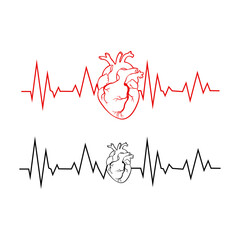 Minimal heart design with ECG line in red and black, symbolizing life, health, heartbeat, cardiology, and medical care. Perfect for healthcare visuals and wellness themes.