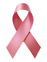 Pink breast cancer awareness ribbon isolated on transparent background. A curved ribbon folded to create a loop. Medicine, health, charity, October cancer awareness event, breast cancer warn symbol