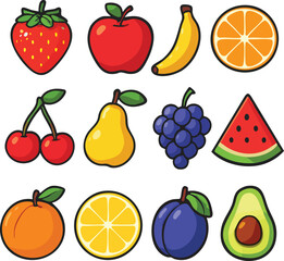 Vibrant collection of fresh, juicy fruits including strawberries, apples, bananas, oranges, cherries, grapes, pears, watermelon, plums, lemons, and avocados, perfect for healthy eating