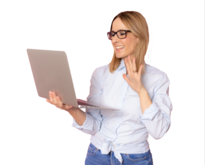 Young smiling business woman using laptop computer making a vide call standing over transparent background. PNG.