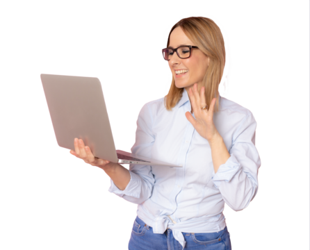 Young smiling business woman using laptop computer making a vide call standing over transparent background. PNG.