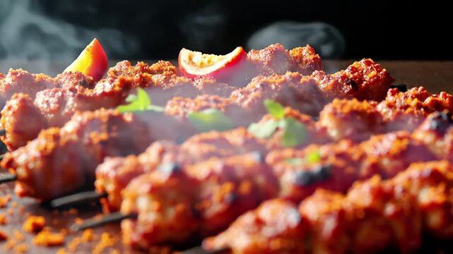 Freshly grilled Suya, showcasing the vibrant red-brown spice crust glistening with peanut oil