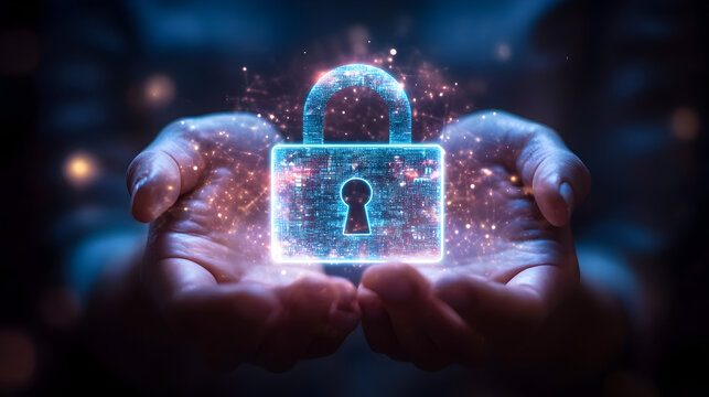A digital padlock floating above two hands with sparkling lights in a dark and blurry background