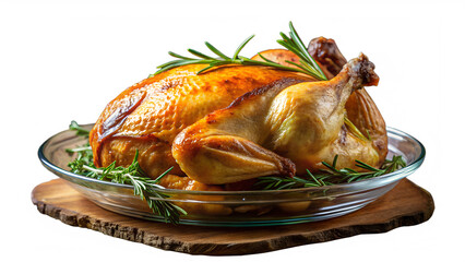 A golden brown roasted chicken, garnished with fresh rosemary sprigs and served on a clear glass plate atop a rustic wooden board, isolated on transparent background
