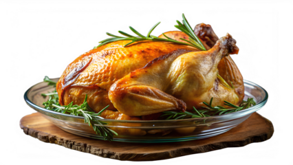 A golden brown roasted chicken, garnished with fresh rosemary sprigs and served on a clear glass plate atop a rustic wooden board, isolated on transparent background