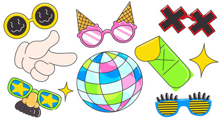 Groovy disco party elements - yellow and green glasses, pink ice cream cone shades, black crosses, pointing hand, colorful party ball, star sparkles, blue shutter sunglasses for retro dance fun.