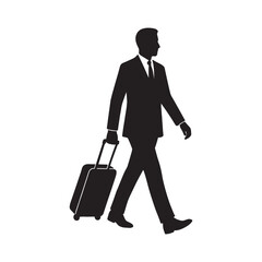 Business man walking with rolling luggage suitcase in a clean silhouette style