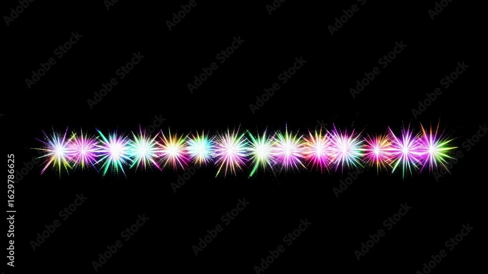Poster colorful sparkling fireworks in various shapes and patterns against a black background, creating a f