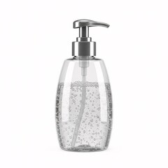 Fototapeta premium A transparent bottle with a dispenser for soap or lotion, filled with clear liquid and bubbles,