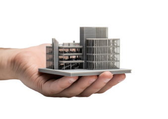 Gray 3D printed model of a building held in a hand