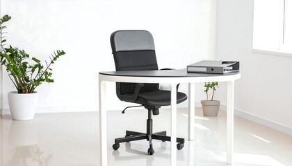 Bright Minimalist Home Office with Ergonomic Chair, Round Desk, and Green Plants