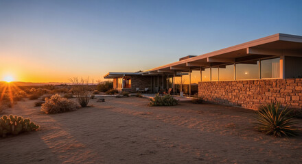Obraz premium A contemporary desert home designed to whisk you away, basking in the warm glow of a spectacular sunset.