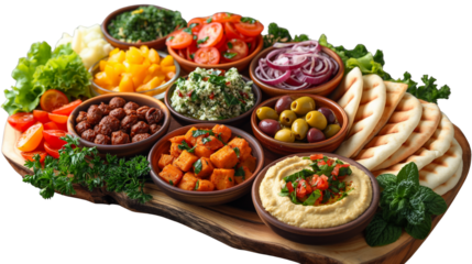 Colorful Mediterranean appetizer platter with dips, olives, and fresh vegetables. on transparent background. Perfect for menu design or culinary blogs