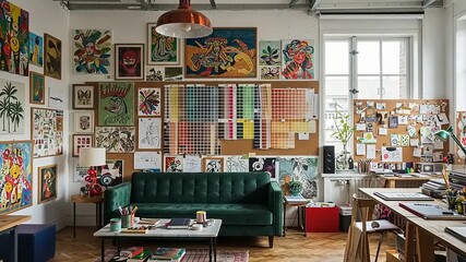Creative workspace filled with colorful art and designs