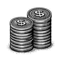 Coin stack with dollar symbol in Engraving Detailed Black and White Art Style