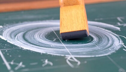 Close-up of a Wooden Chalkboard Eraser Creating Swirling Chalk Dust Patterns
