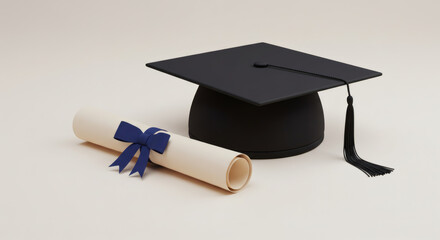 A classic black mortarboard graduation cap and a diploma scroll tied with a blue ribbon, symbolizing academic achievement and success.