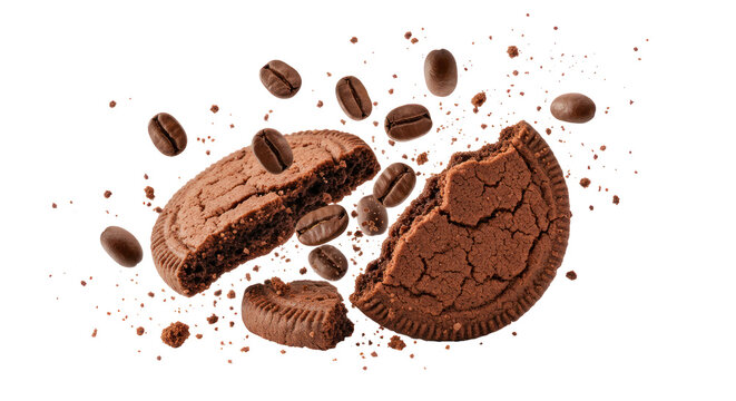 Chocolate Cookie with Coffee Beans and Crumbles Against a Black Background