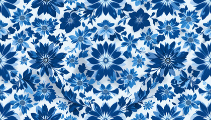 Blue and white Seamless pattern flowers, floral, stain glass style, mosaic , wallpaper, background