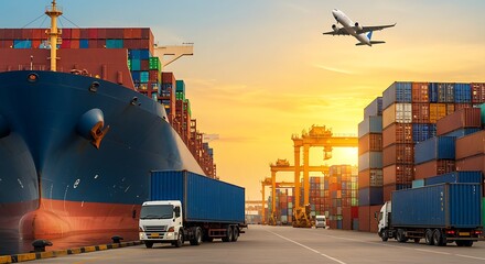 Global Logistics and Transportation Network Featuring Cargo Ship Airplane and Trucks for International Trade and Supply Chain Management