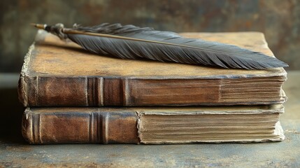 Antique Leather Bound Books and Feather Quill on Rustic Surface