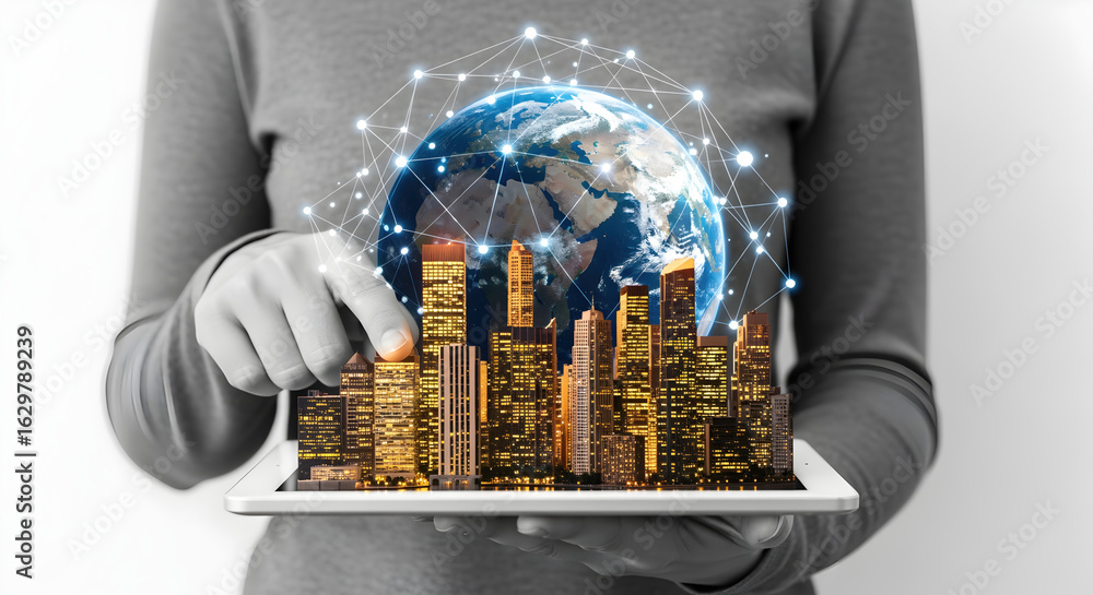 Poster person holding tablet displaying a glowing cityscape with a digital networked globe in grayscale bac