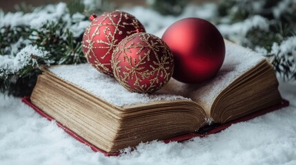 Christmas Ornaments on Open Book Surrounded by Snow and Pine