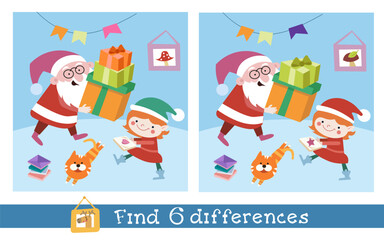 Find 6 differences. Game for kids. Santa Claus and elf make gift for Christmas. Hand drawn vector illustration.