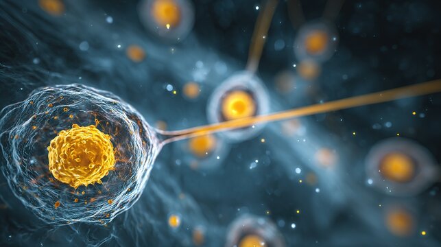Cell therapy targeting process, therapeutic cells approaching diseased cell, yellow highlights, precision medicine 