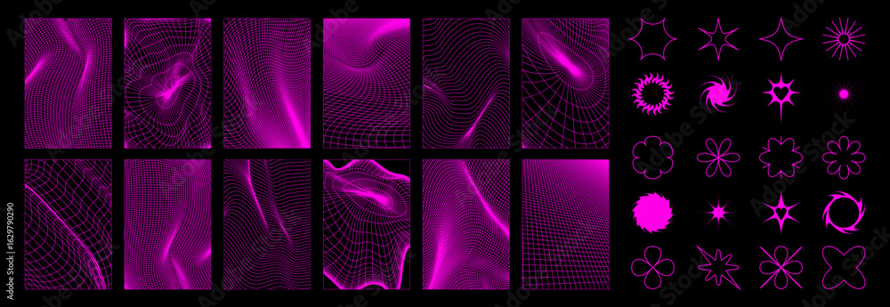 Poster y2k grid background elements with neon purple wireframe shapes and geometric patterns for retro futu