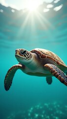 Sea turtle swimming underwater with sunlight rays