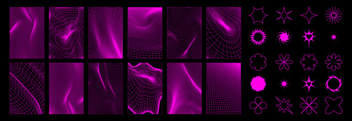 Y2k grid background elements with neon purple wireframe shapes and geometric patterns for retro futuristic design. Digital mesh textures with 3d objects and stars. Cyberpunk aesthetic icons for web.