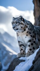 Obraz premium Snow leopard sits on rocky slope in snowy mountain landscape