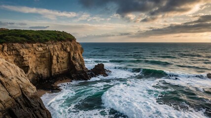 Obraz premium Rocky Cliff Overlooking Ocean Waves Crashing Below