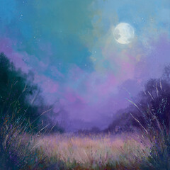 A digital painting of a dreamy moonlit meadow