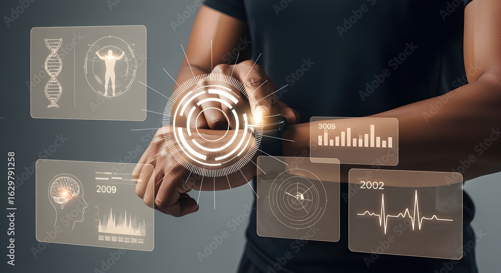 Poster person interacting with holographic interface displaying data on grey background
