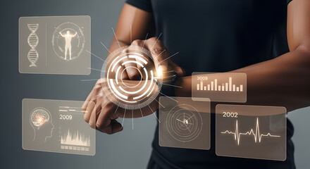 Person Interacting with Holographic Interface Displaying Data on Grey Background