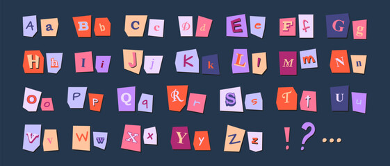 Playful clipping letters - y2k style alphabet with paper cutout. Uppercase and lowercase pairs for creative projects. Torn edges with mixed fonts, punctuation marks and tilted angles for scrapbook