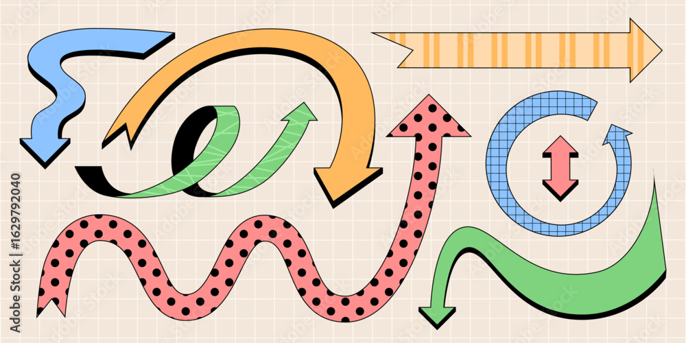 Poster dynamic playful arrows with retro patterns - wavy ribbons, curved paths and striped designs with pol