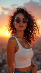 Fototapeta premium Woman with curly hair wearing sunglasses at sunset